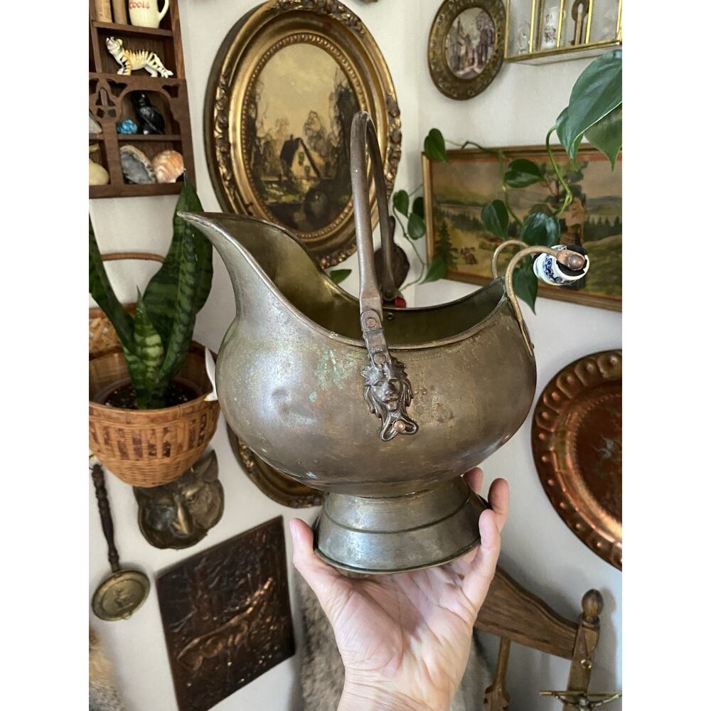 Vintage Brass Coal Scuttle Delft Porcelain Handle Lion Hinges Brass Bucket
